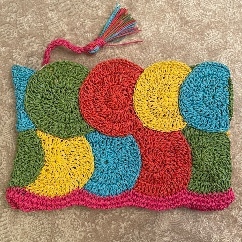 Brand New Multicolored Handcrafted Crochet Tassel Zippered Clutch Purse